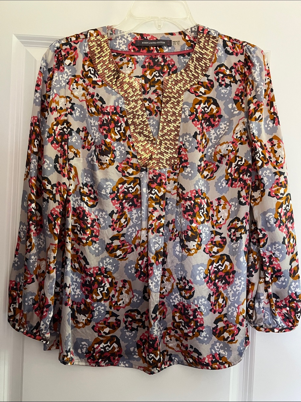 Boden Limited Edition Silk Multicolor Floral Sequin-Trim Blouse - Gray Multi